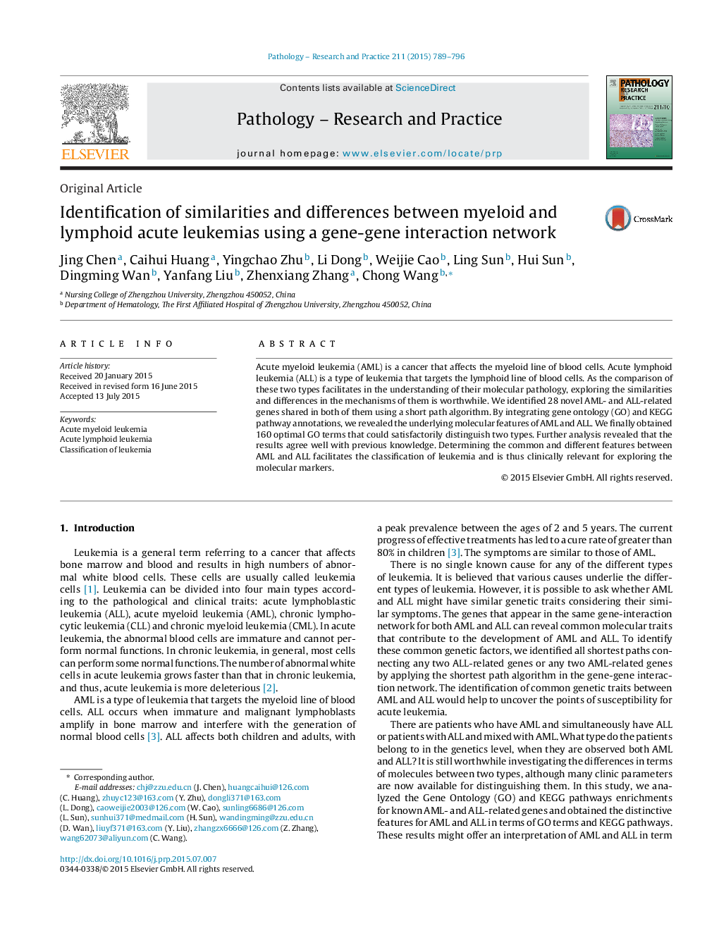 Identification of similarities and differences between myeloid and lymphoid acute leukemias using a gene-gene interaction network