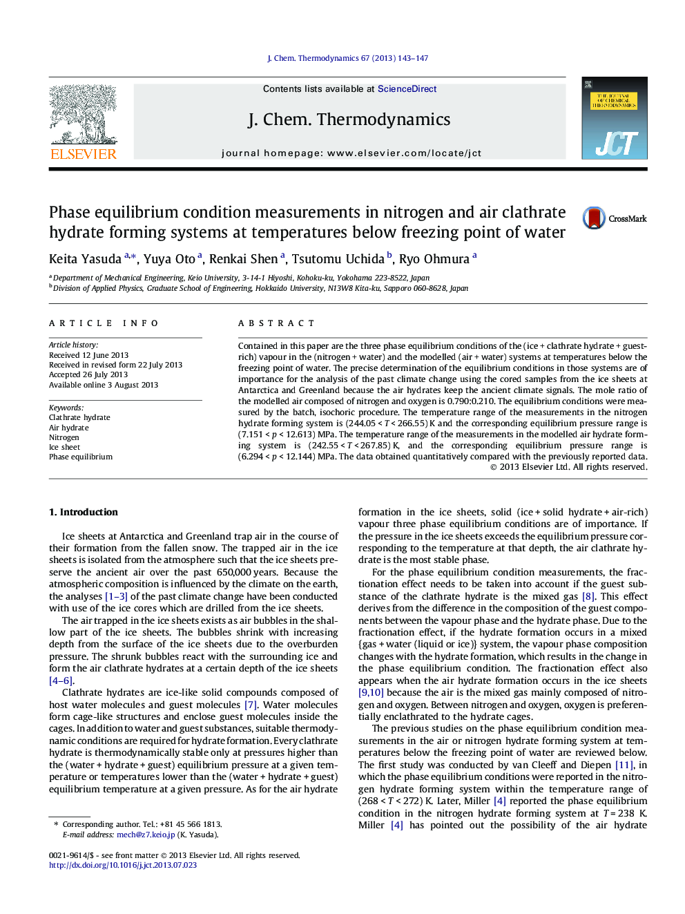 Phase equilibrium condition measurements in nitrogen and air clathrate hydrate forming systems at temperatures below freezing point of water