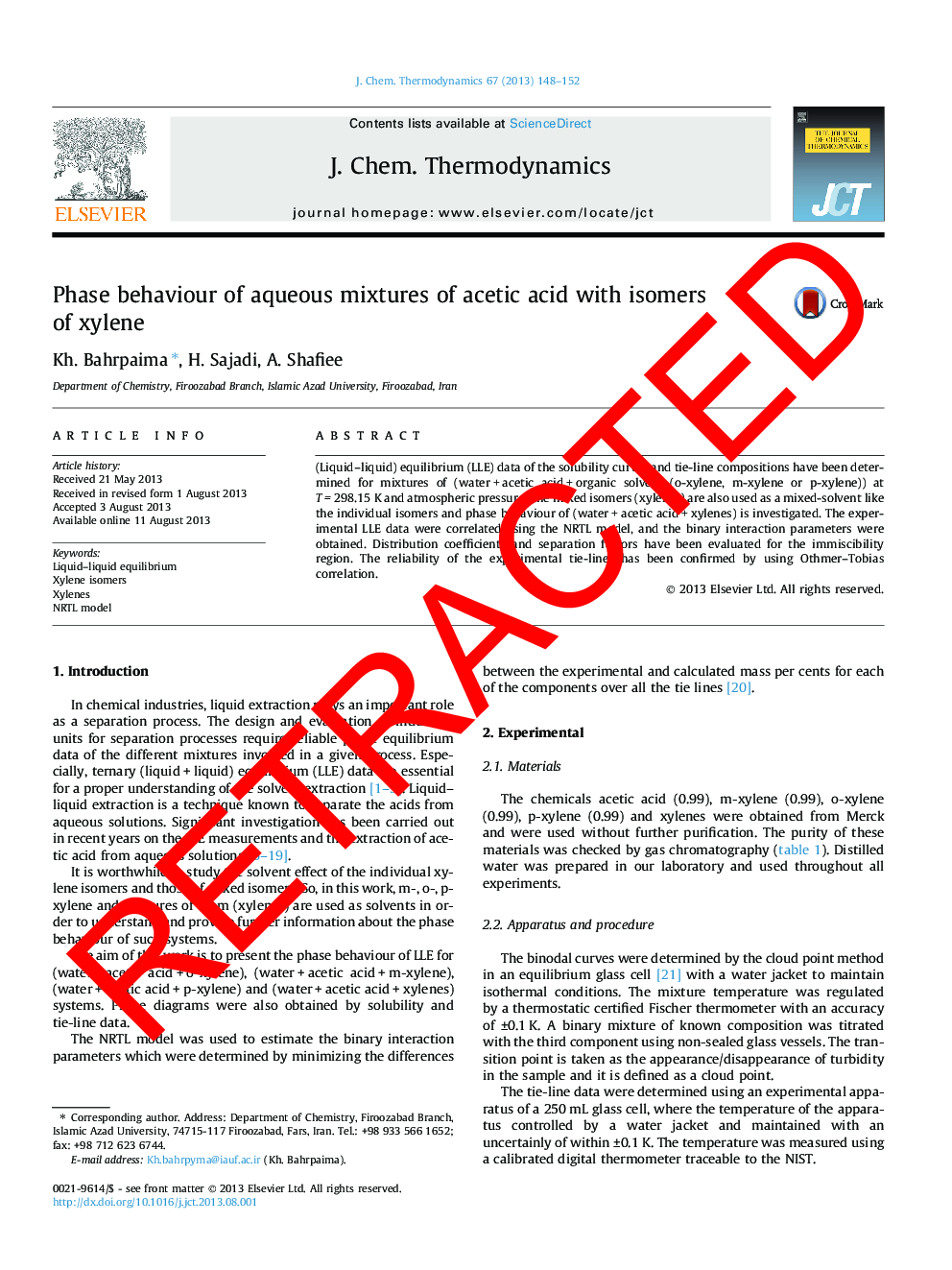 RETRACTED: Phase behaviour of aqueous mixtures of acetic acid with isomers of xylene