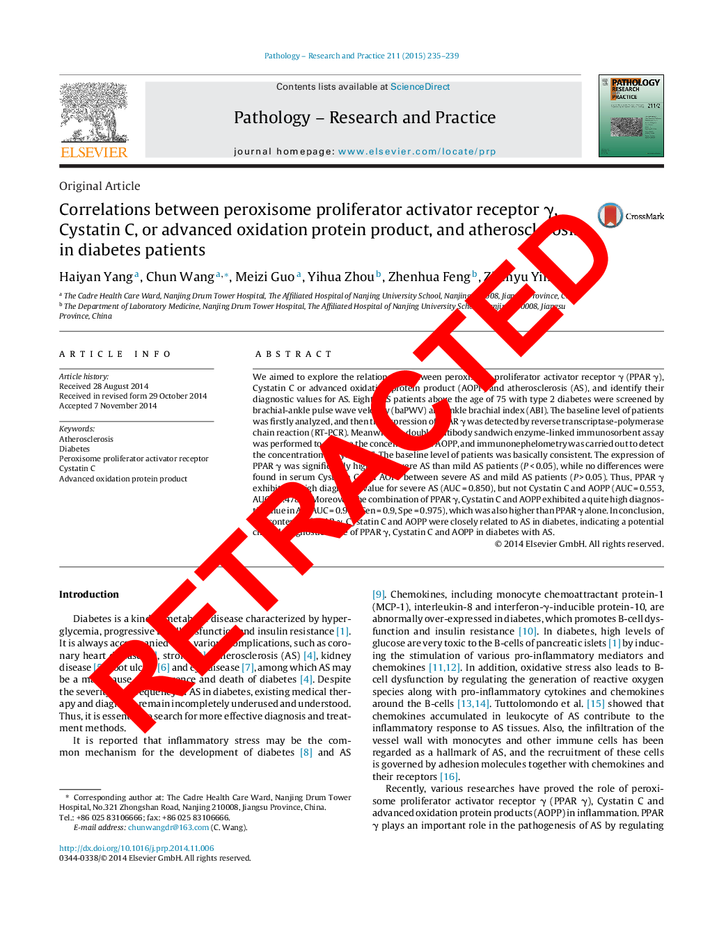 RETRACTED: Correlations between peroxisome proliferator activator receptor γ, Cystatin C, or advanced oxidation protein product, and atherosclerosis in diabetes patients