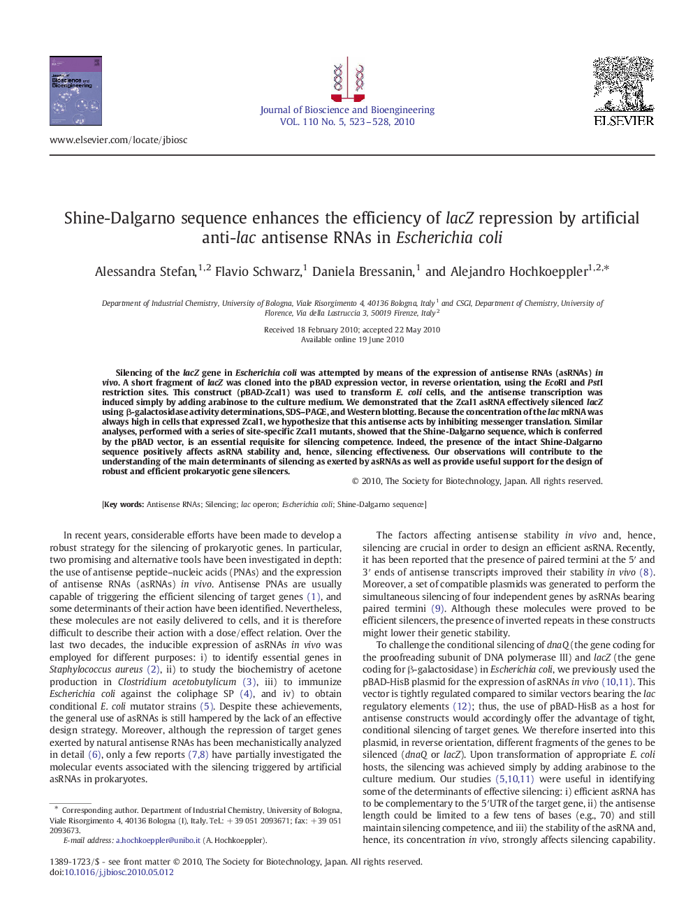 Shine-Dalgarno sequence enhances the efficiency of lacZ repression by artificial anti-lac antisense RNAs in Escherichia coli