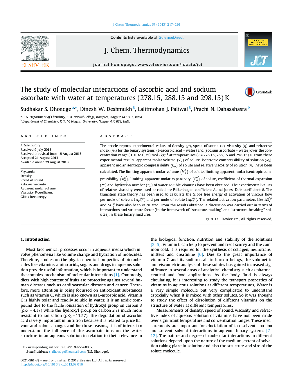 The study of molecular interactions of ascorbic acid and sodium ascorbate with water at temperatures (278.15, 288.15 and 298.15) K