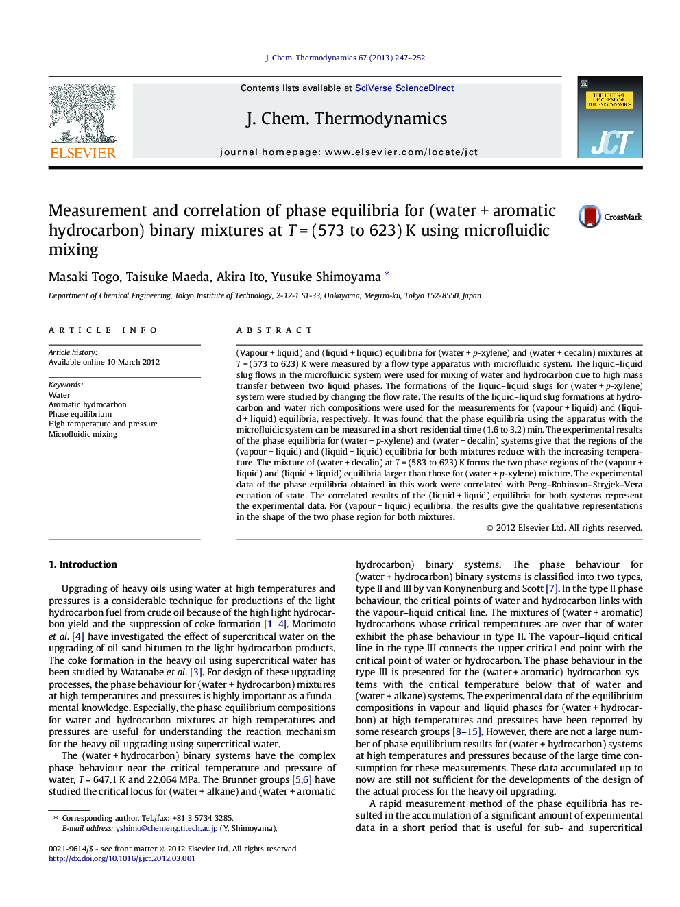 Measurement and correlation of phase equilibria for (water + aromatic hydrocarbon) binary mixtures at T = (573 to 623) K using microfluidic mixing