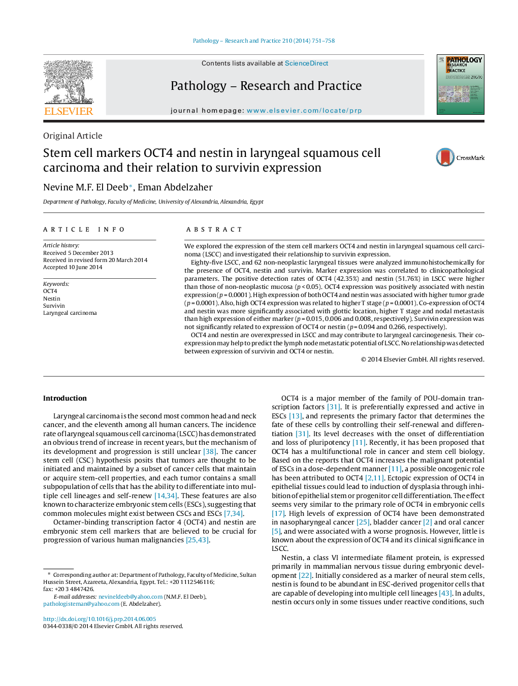 Stem cell markers OCT4 and nestin in laryngeal squamous cell carcinoma and their relation to survivin expression