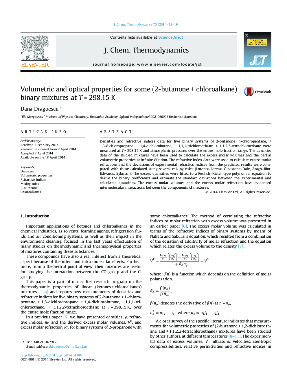 Volumetric and optical properties for some (2-butanone + chloroalkane) binary mixtures at T = 298.15 K