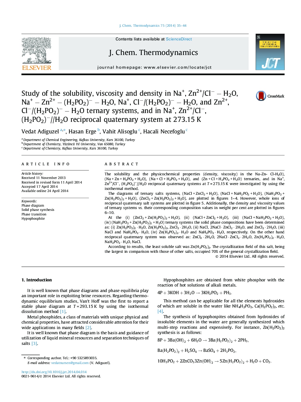 Study of the solubility, viscosity and density in Na+, Zn2+/Cl− − H2O, Na+ − Zn2+ − (H2PO2)− − H2O, Na+, Cl−/(H2PO2)− − H2O, and Zn2+, Cl−/(H2PO2)− − H2O ternary systems, and in Na+, Zn2+/Cl−, (H2PO2)−//H2O reciprocal quaternary system at 273.15 K