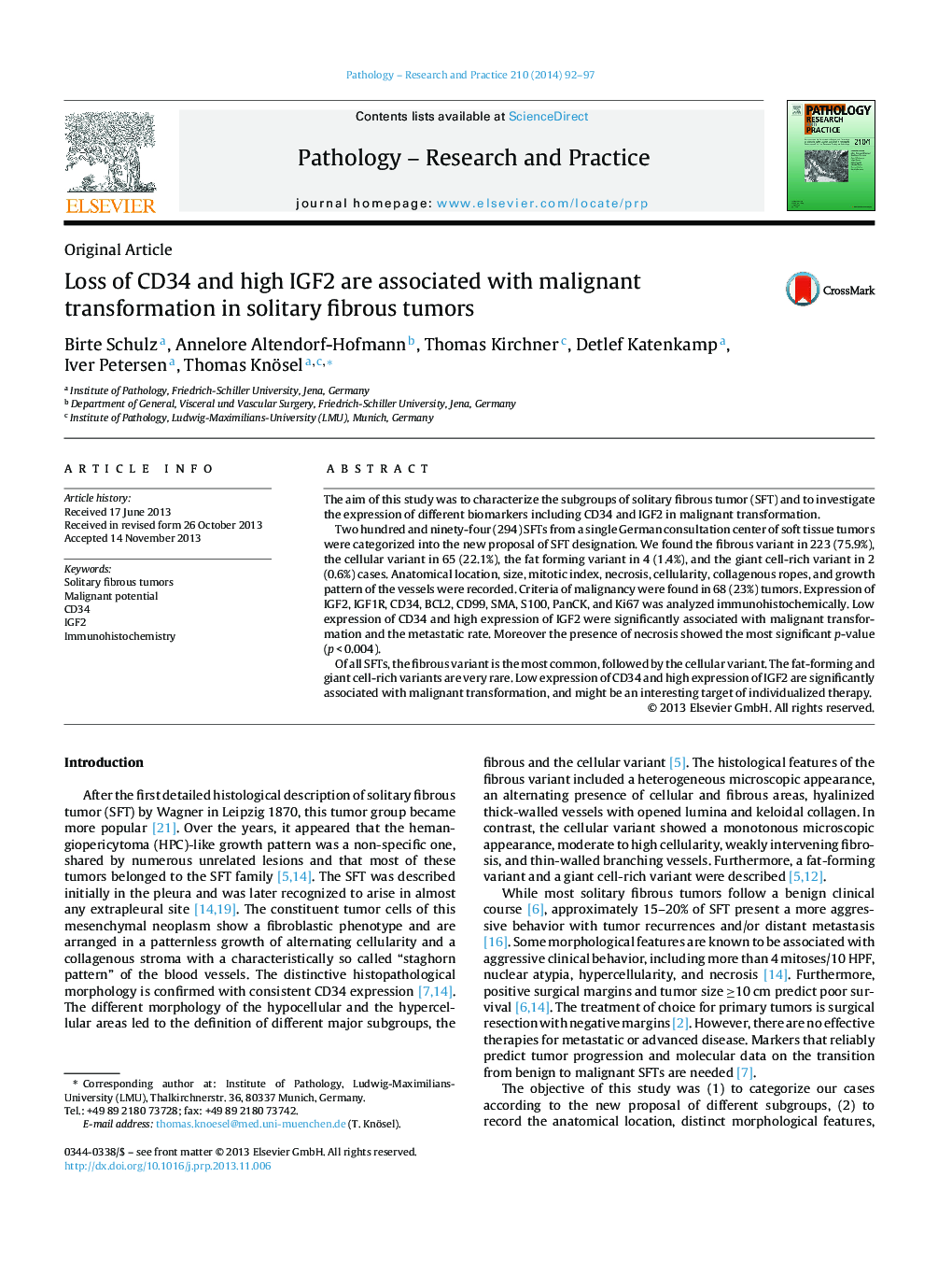 Loss of CD34 and high IGF2 are associated with malignant transformation in solitary fibrous tumors