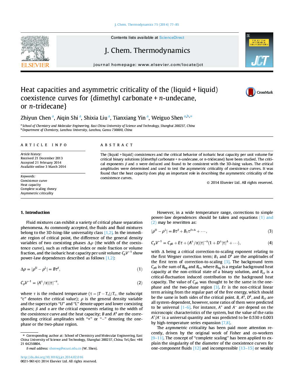 Heat capacities and asymmetric criticality of the (liquid + liquid) coexistence curves for {dimethyl carbonate + n-undecane, or n-tridecane}