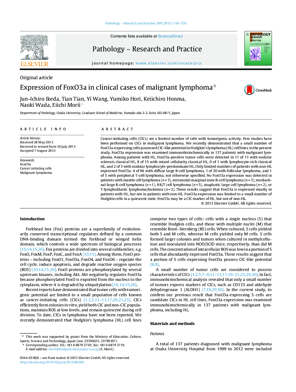 Expression of FoxO3a in clinical cases of malignant lymphoma 