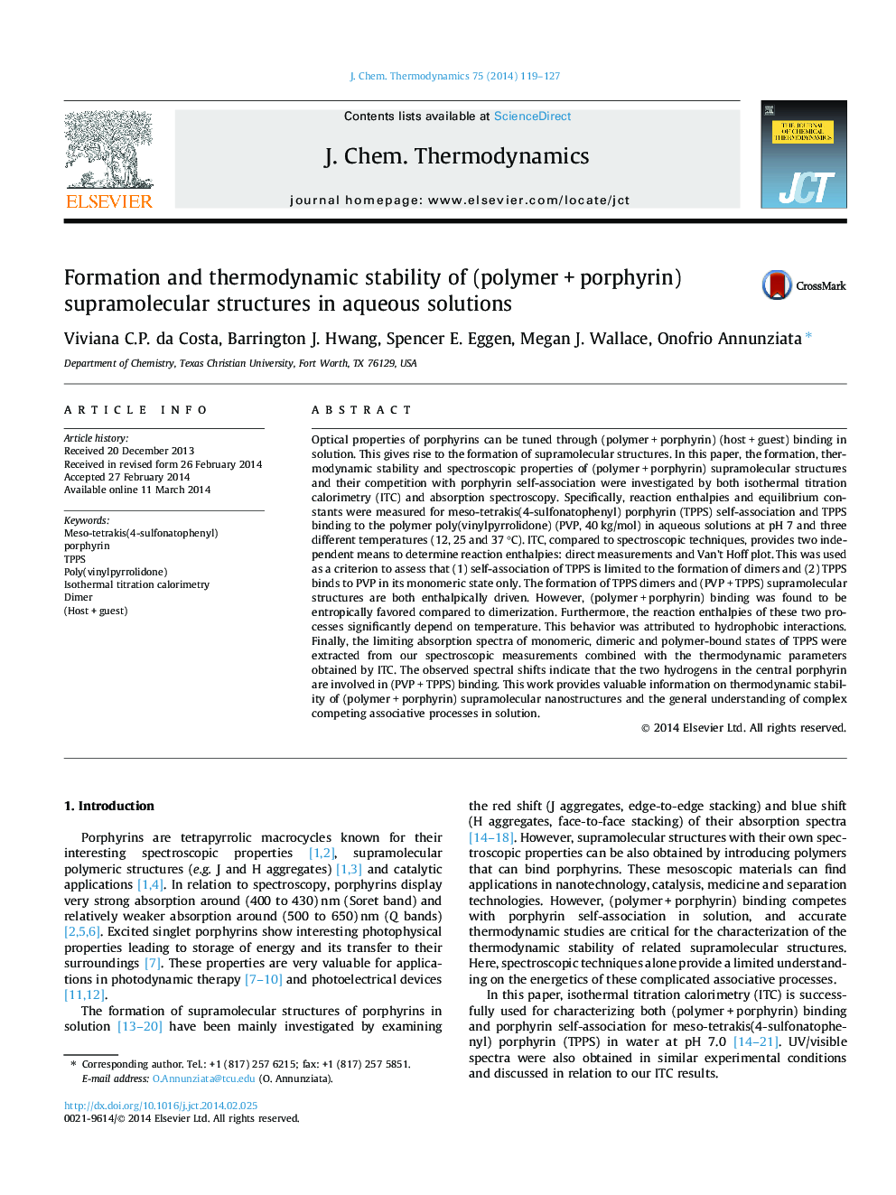 Formation and thermodynamic stability of (polymer + porphyrin) supramolecular structures in aqueous solutions