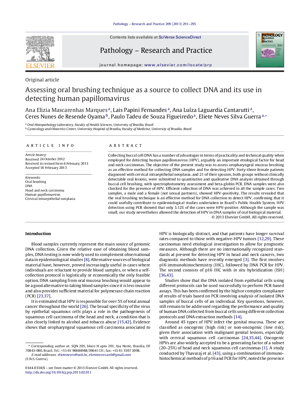 Assessing oral brushing technique as a source to collect DNA and its use in detecting human papillomavirus