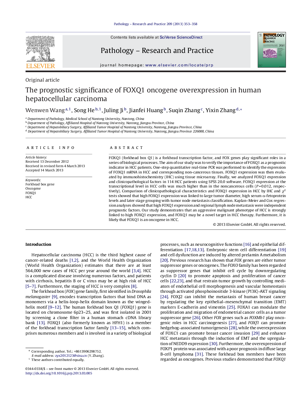 عکس صفحه اول مقاله: The prognostic significance of FOXQ1 oncogene overexpression in human hepatocellular carcinoma The prognostic significance of FOXQ1 oncogene overexpression in human hepatocellular carcinoma