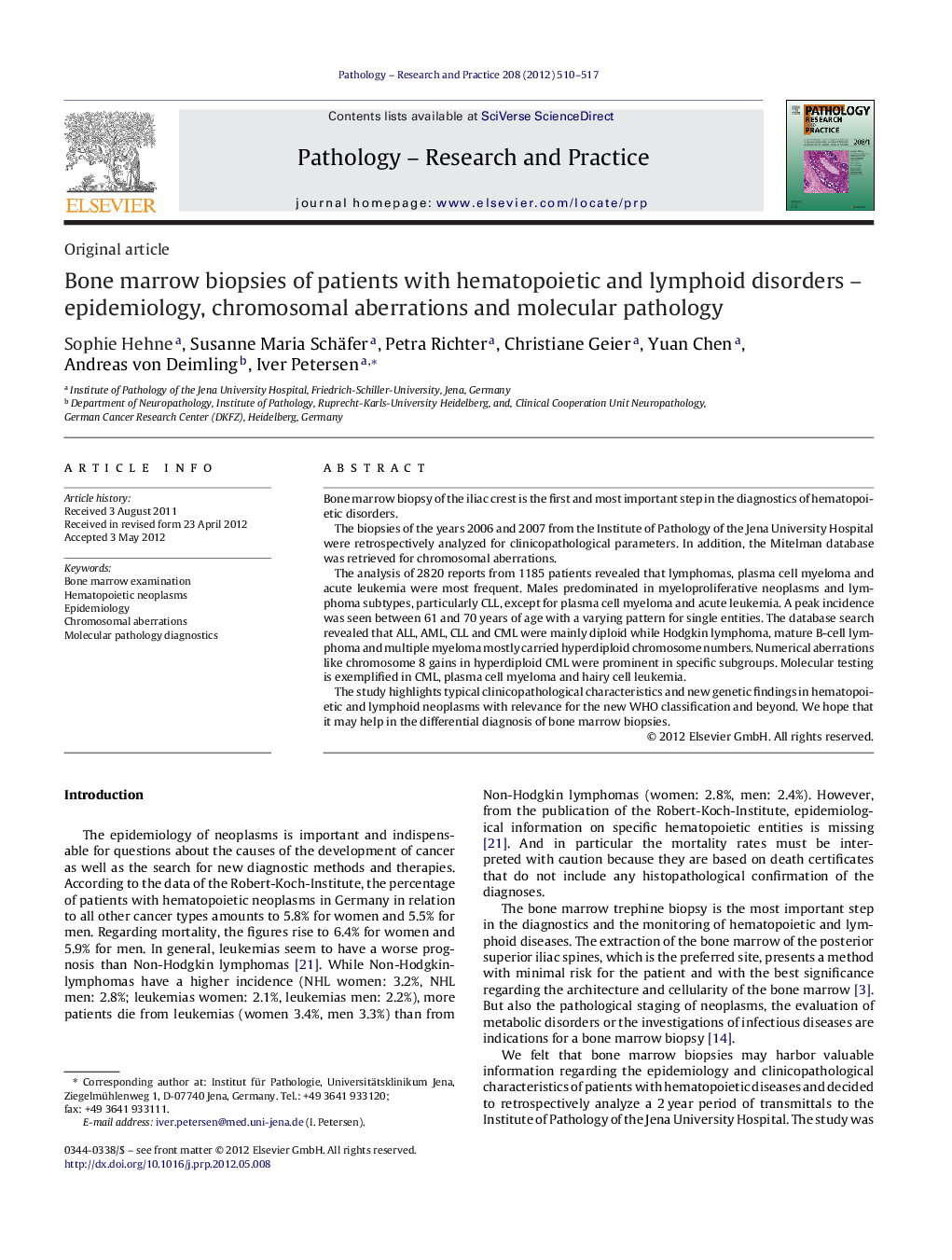 Bone marrow biopsies of patients with hematopoietic and lymphoid disorders – epidemiology, chromosomal aberrations and molecular pathology