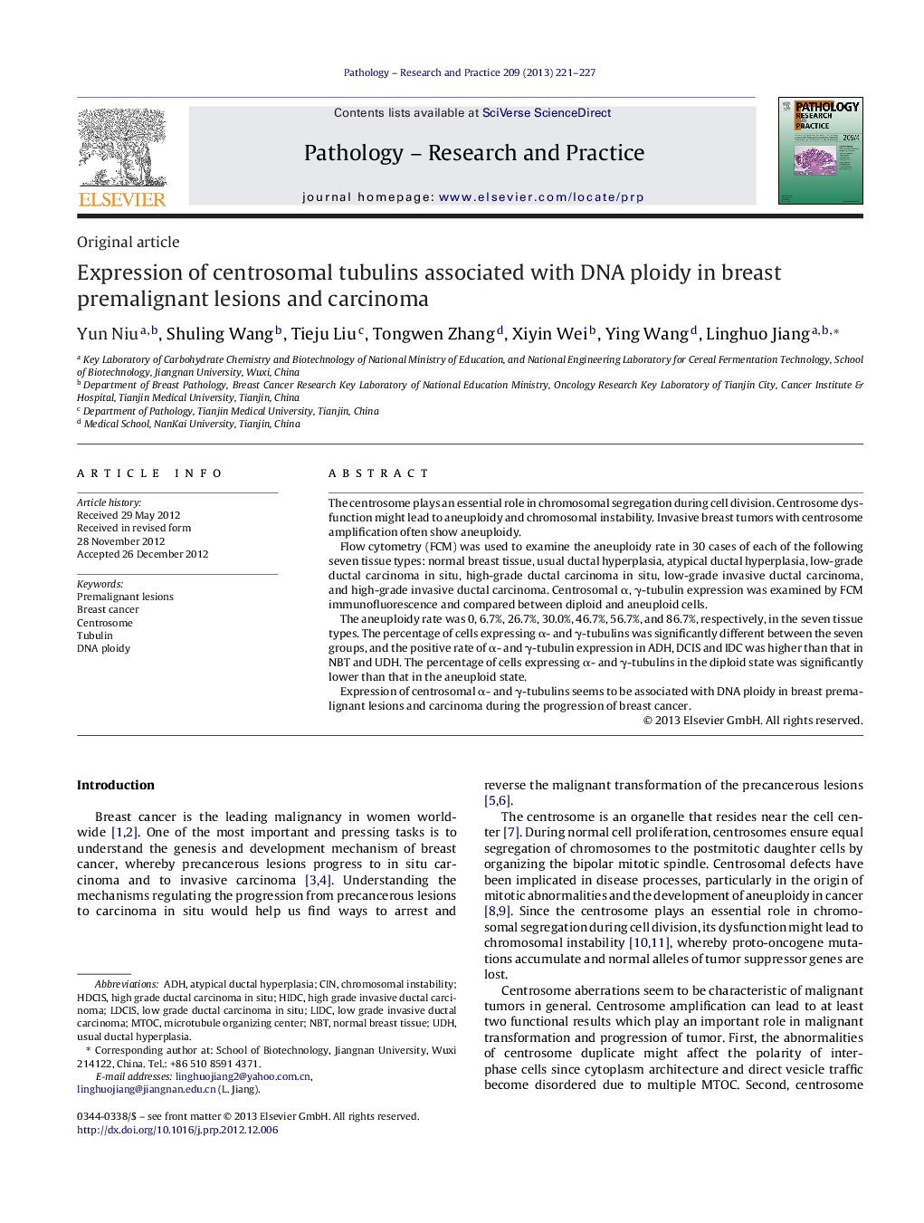 Expression of centrosomal tubulins associated with DNA ploidy in breast premalignant lesions and carcinoma