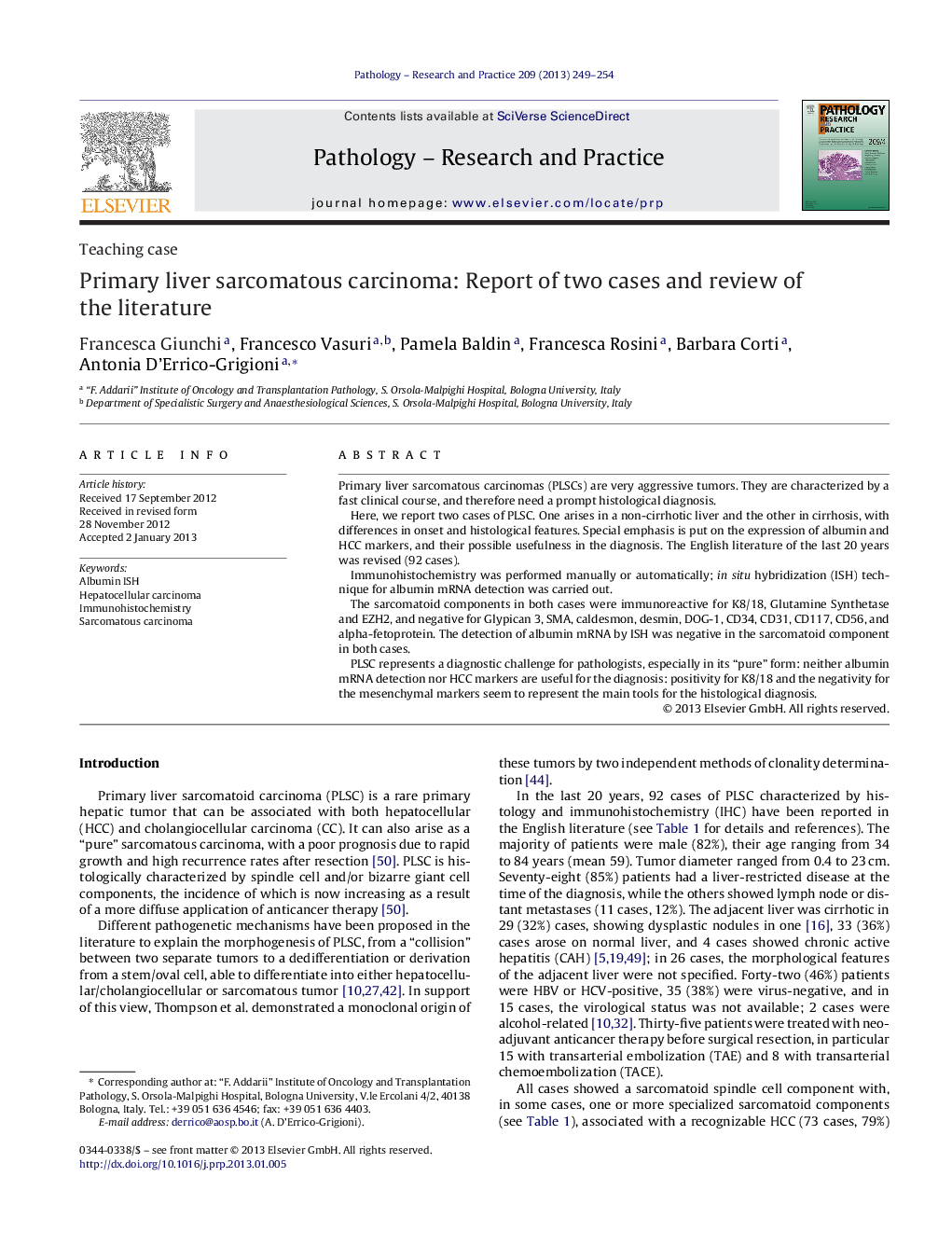 Primary liver sarcomatous carcinoma: Report of two cases and review of the literature