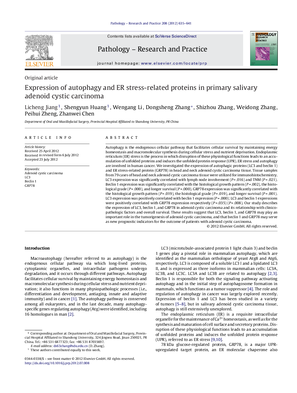 Expression of autophagy and ER stress-related proteins in primary salivary adenoid cystic carcinoma