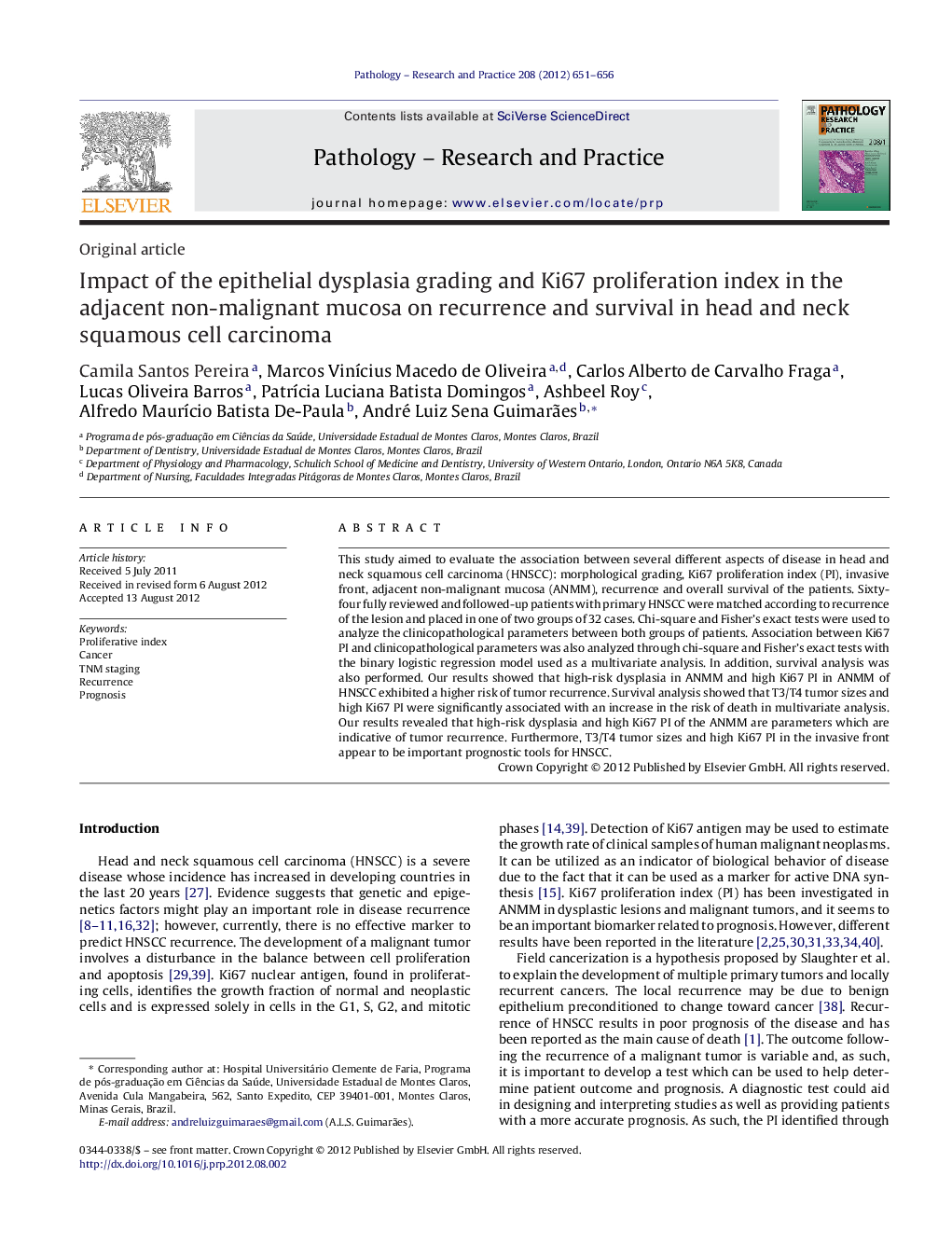 Impact of the epithelial dysplasia grading and Ki67 proliferation index in the adjacent non-malignant mucosa on recurrence and survival in head and neck squamous cell carcinoma