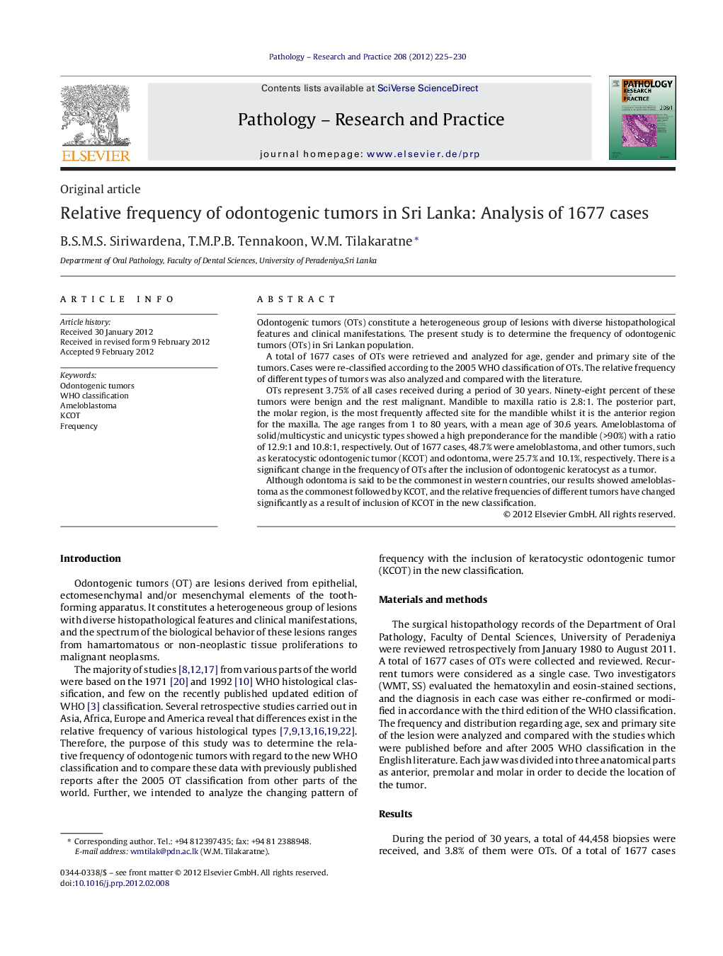 Relative frequency of odontogenic tumors in Sri Lanka: Analysis of 1677 cases