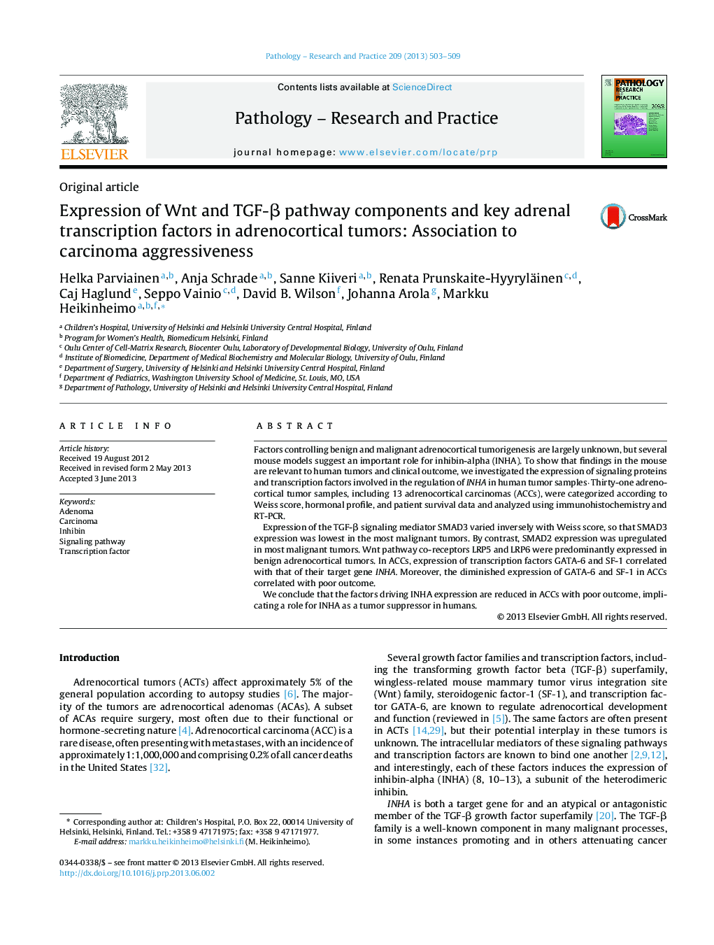 Expression of Wnt and TGF-β pathway components and key adrenal transcription factors in adrenocortical tumors: Association to carcinoma aggressiveness