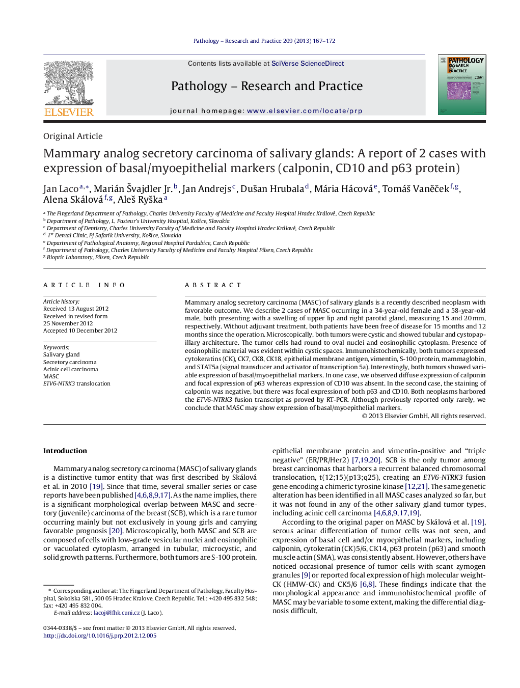 Mammary analog secretory carcinoma of salivary glands: A report of 2 cases with expression of basal/myoepithelial markers (calponin, CD10 and p63 protein)