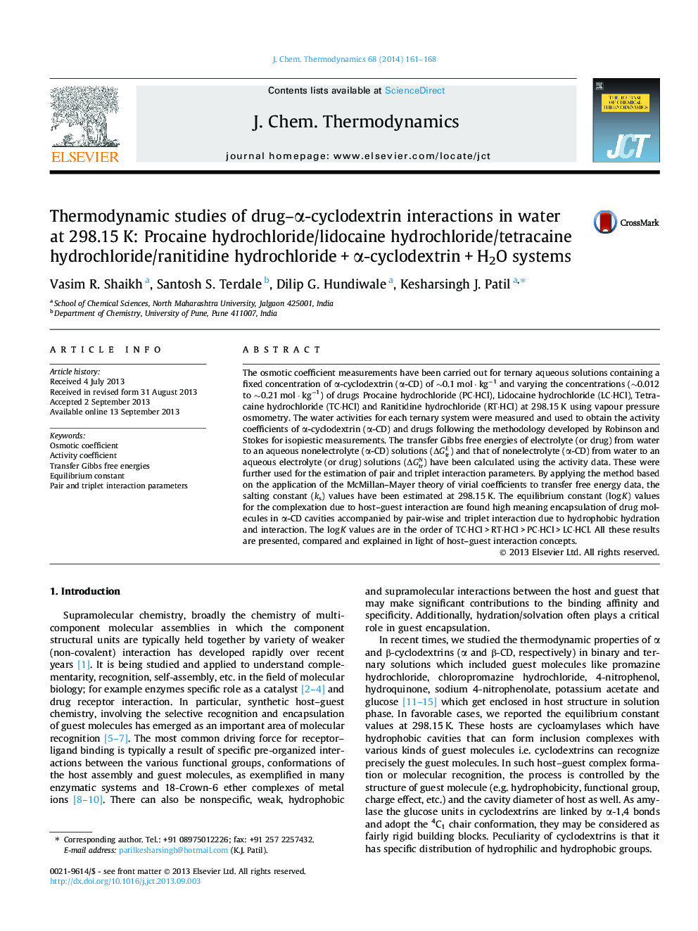 Thermodynamic studies of drug–α-cyclodextrin interactions in water at 298.15 K: Procaine hydrochloride/lidocaine hydrochloride/tetracaine hydrochloride/ranitidine hydrochloride + α-cyclodextrin + H2O systems