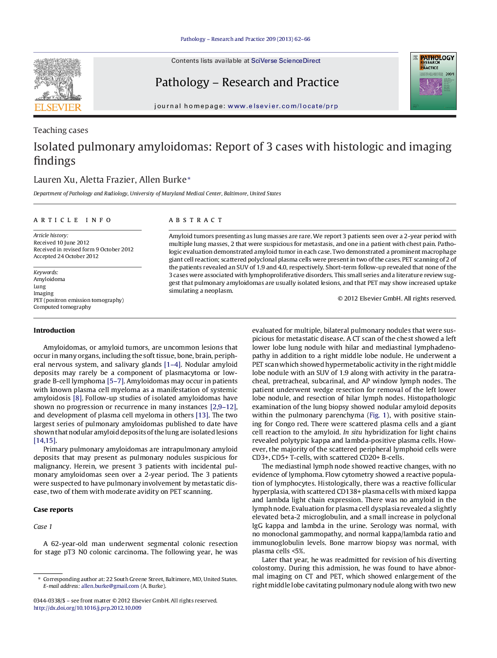 Isolated pulmonary amyloidomas: Report of 3 cases with histologic and imaging findings