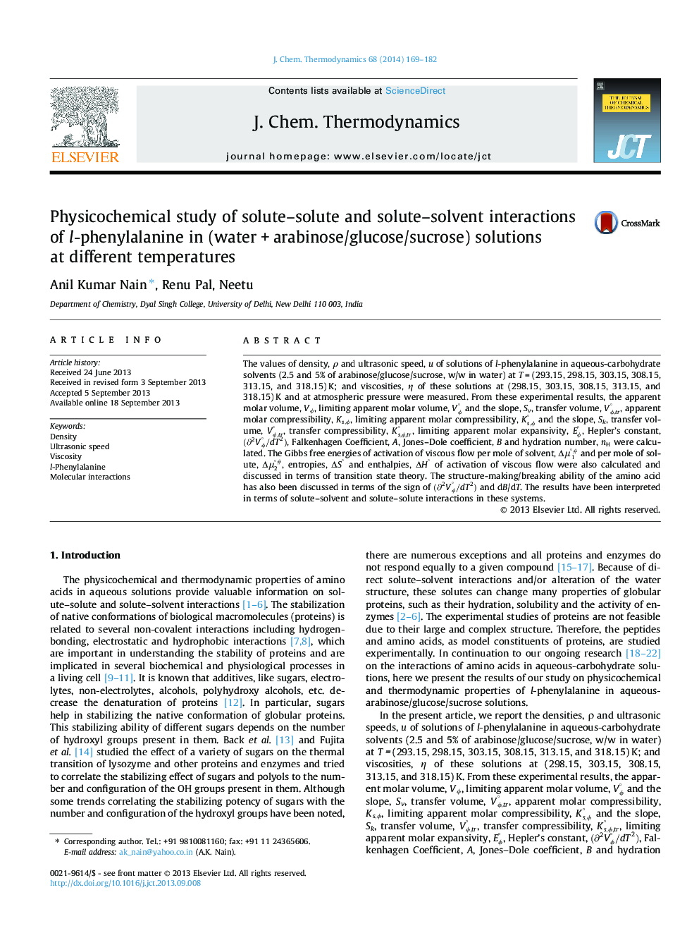 Physicochemical study of solute–solute and solute–solvent interactions of l-phenylalanine in (water + arabinose/glucose/sucrose) solutions at different temperatures