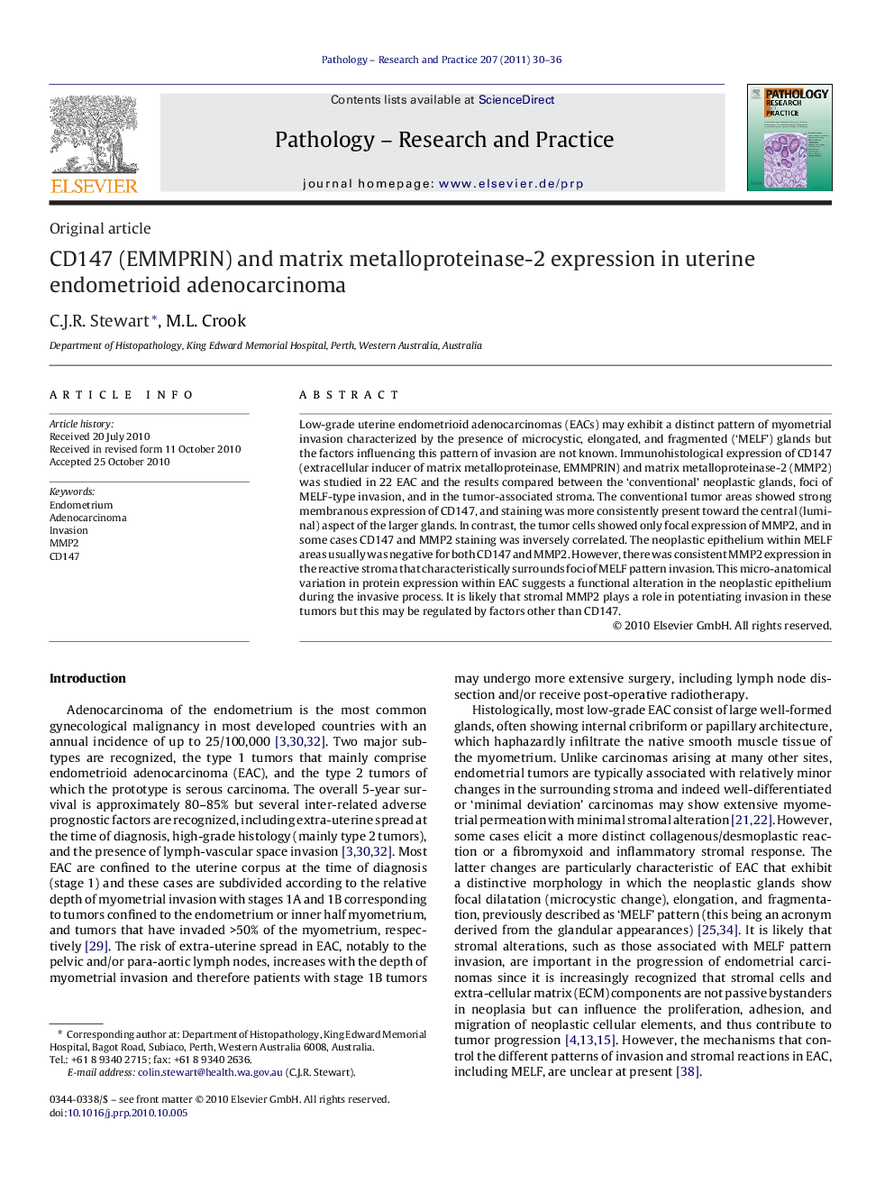 CD147 (EMMPRIN) and matrix metalloproteinase-2 expression in uterine endometrioid adenocarcinoma