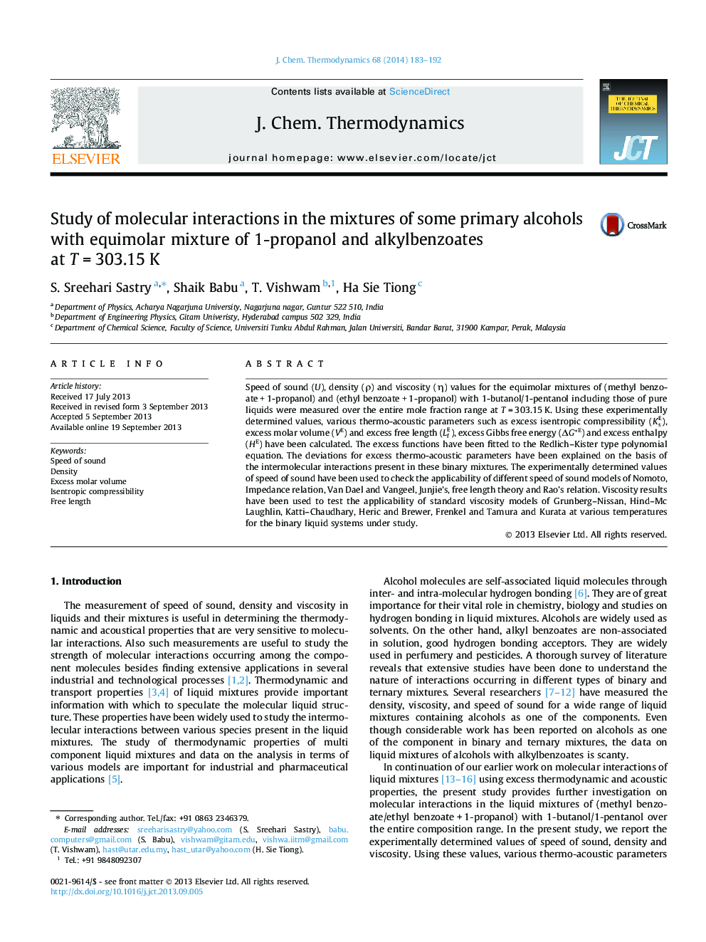 عکس صفحه اول مقاله: Study of molecular interactions in the mixtures of some primary alcohols with equimolar mixture of 1-propanol and alkylbenzoates at T = 303.15 K Study of molecular interactions in the mixtures of some primary alcohols with equimolar mixture of 1-propanol and alkylbenzoates at T = 303.15 K