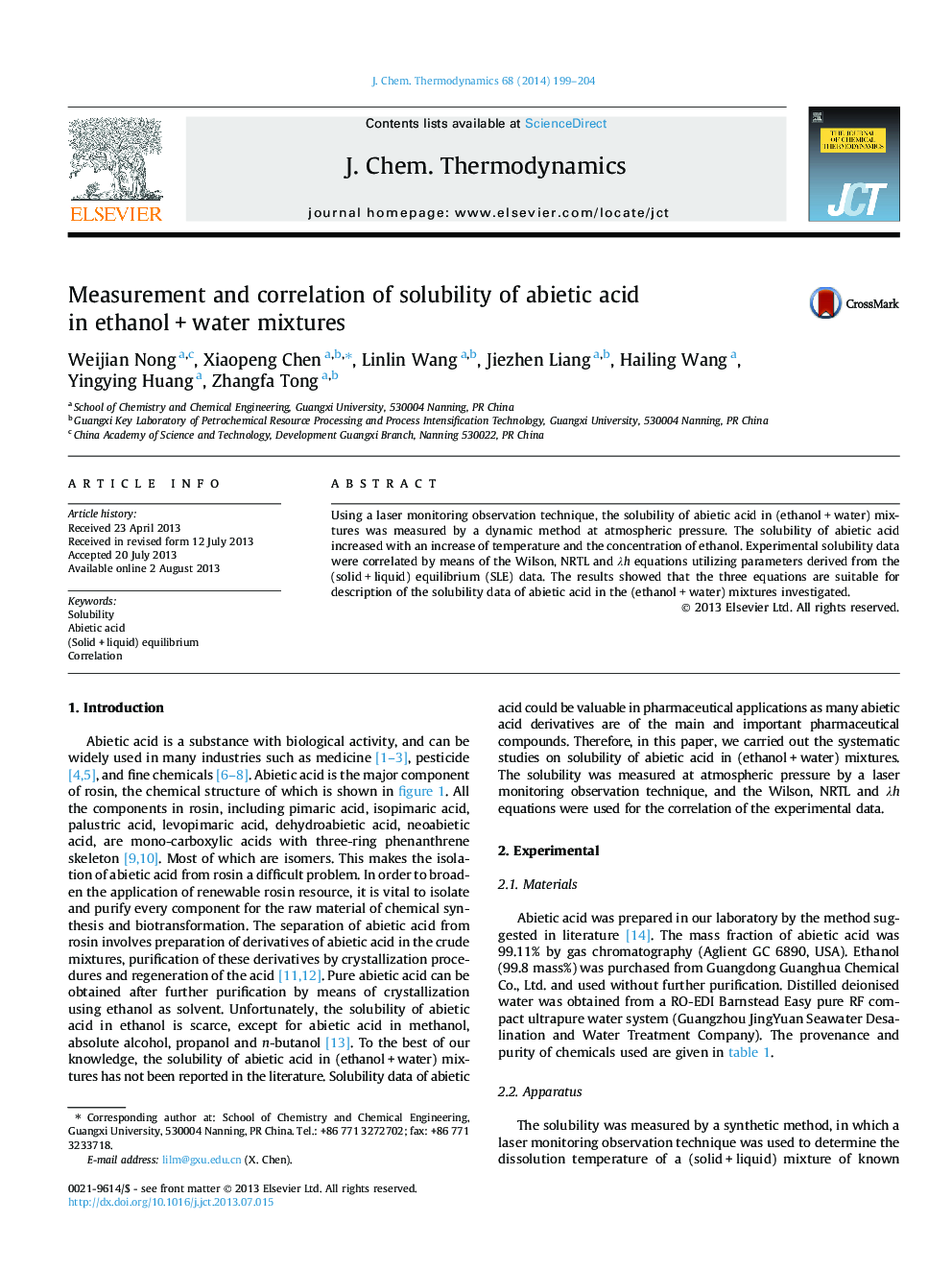 Measurement and correlation of solubility of abietic acid in ethanol + water mixtures