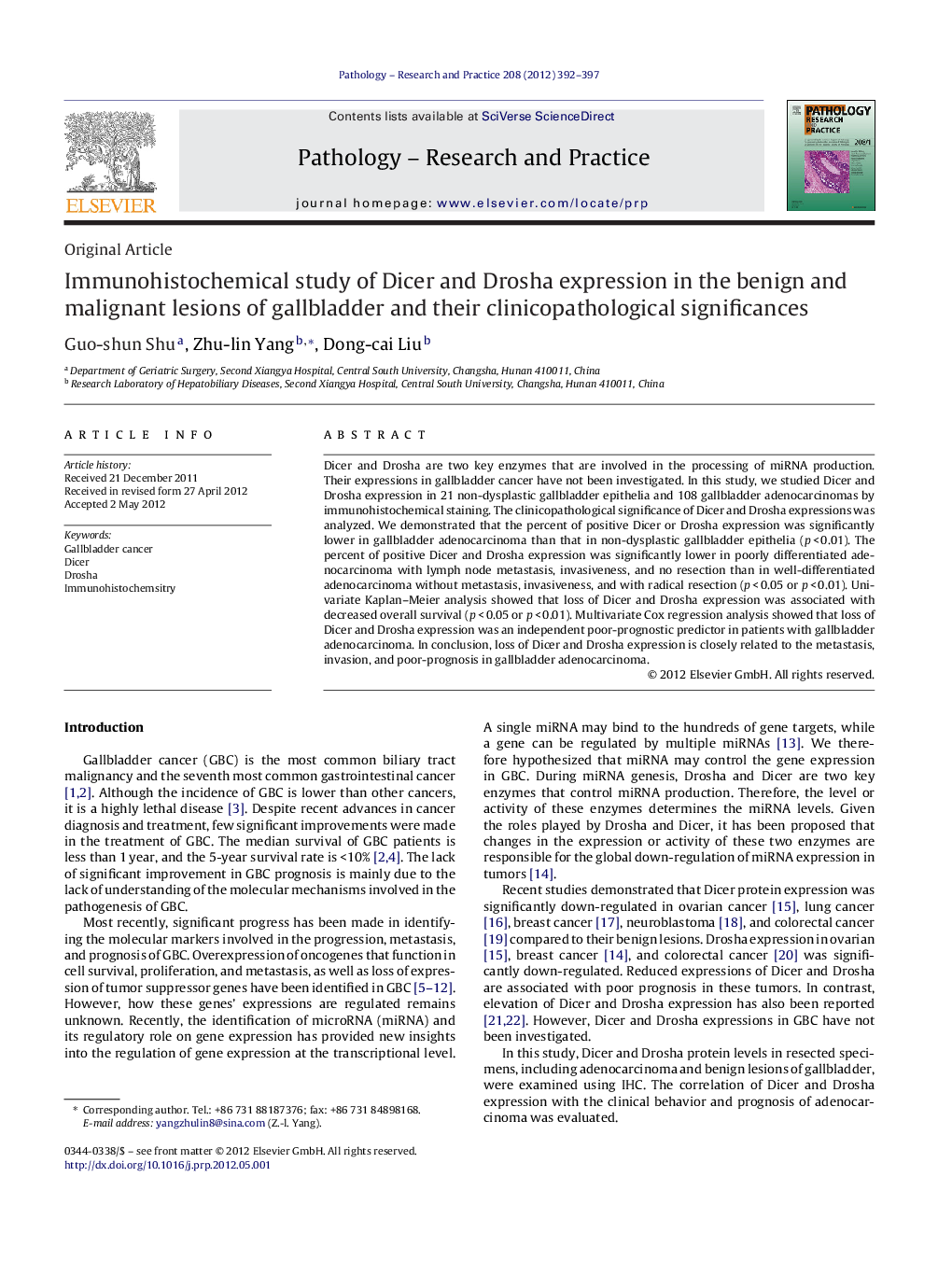 Immunohistochemical study of Dicer and Drosha expression in the benign and malignant lesions of gallbladder and their clinicopathological significances