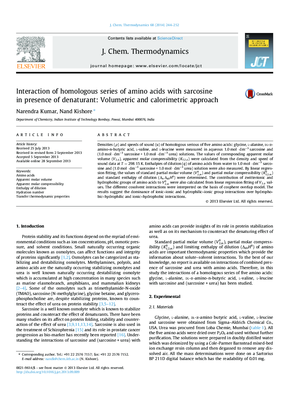 تعامل سری های همولوگ از اسیدهای آمینه با سارکوزین در حضور دنتورانت: رویکرد حجمی و کالریمتریک 