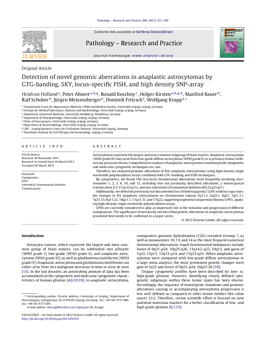 Detection of novel genomic aberrations in anaplastic astrocytomas by GTG-banding, SKY, locus-specific FISH, and high density SNP-array