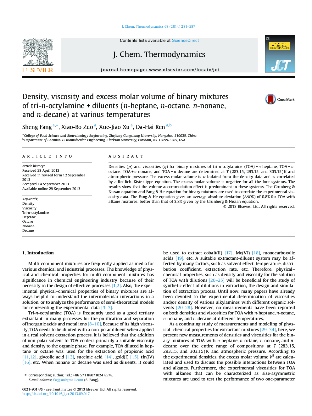 Density, viscosity and excess molar volume of binary mixtures of tri-n-octylamine + diluents (n-heptane, n-octane, n-nonane, and n-decane) at various temperatures