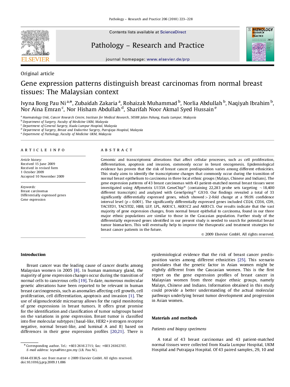 Gene expression patterns distinguish breast carcinomas from normal breast tissues: The Malaysian context