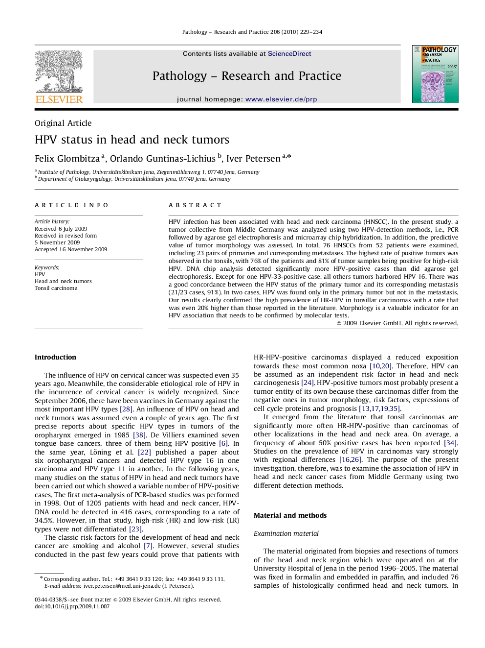 HPV status in head and neck tumors