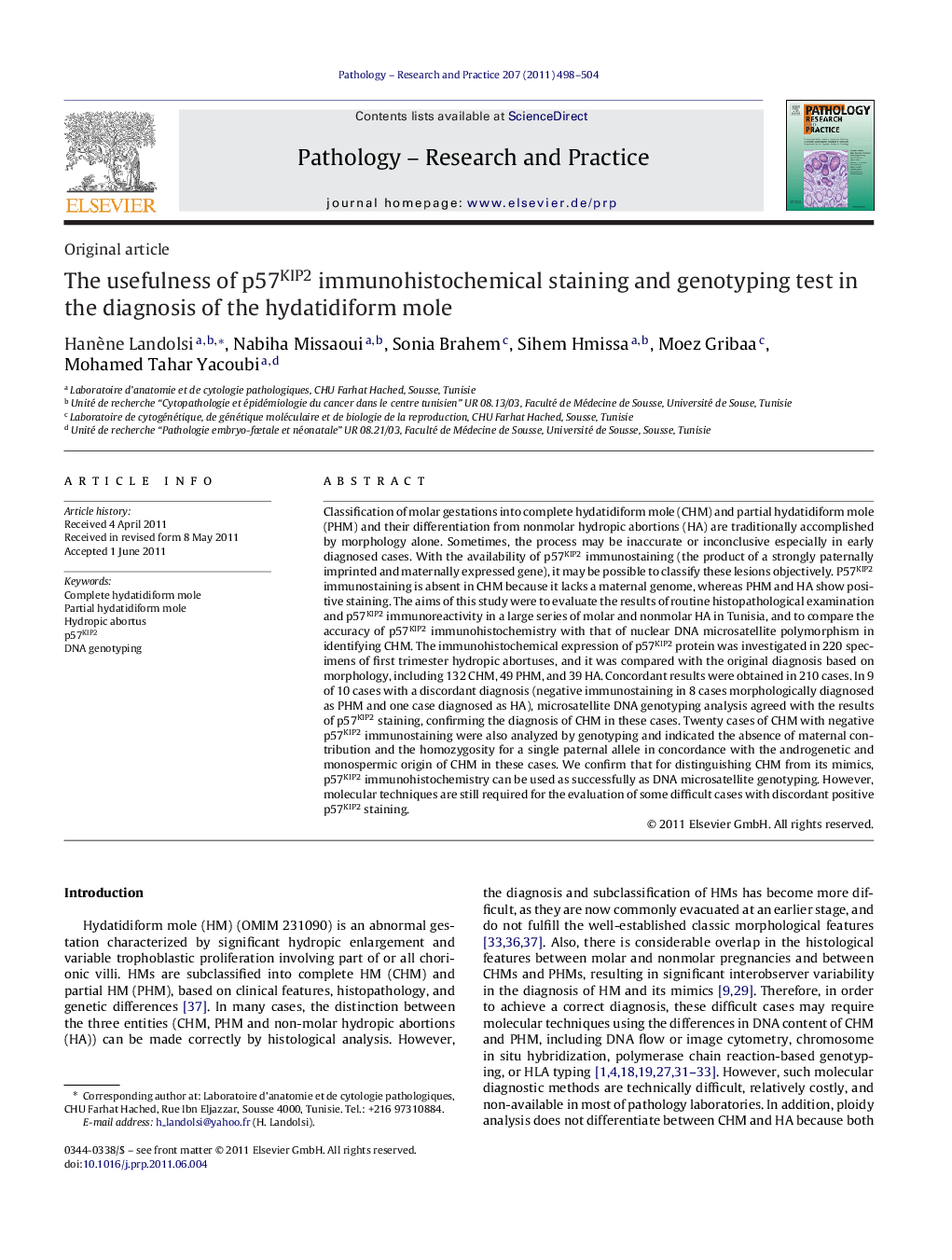 The usefulness of p57KIP2 immunohistochemical staining and genotyping test in the diagnosis of the hydatidiform mole