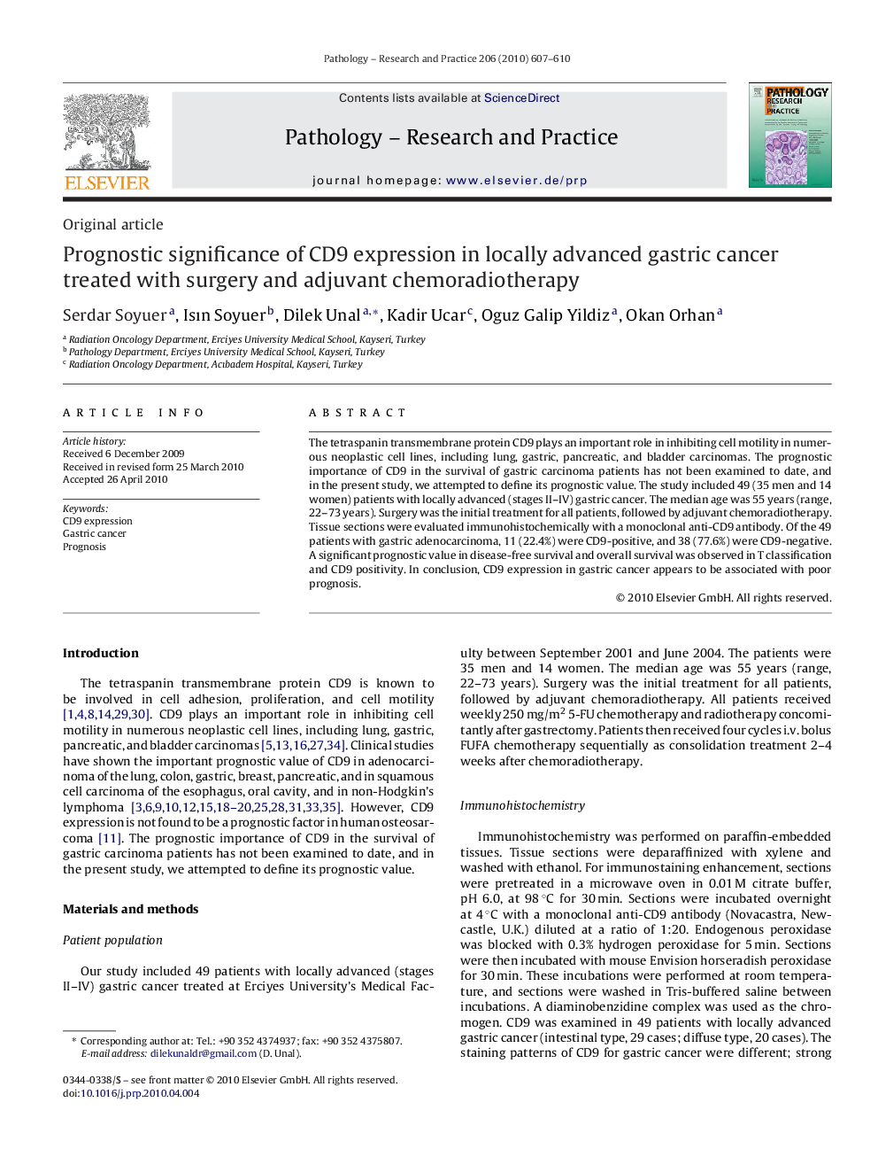 Prognostic significance of CD9 expression in locally advanced gastric cancer treated with surgery and adjuvant chemoradiotherapy