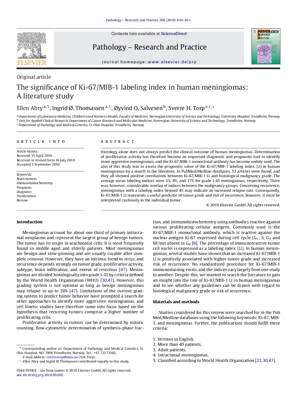 The significance of Ki-67/MIB-1 labeling index in human meningiomas: A literature study