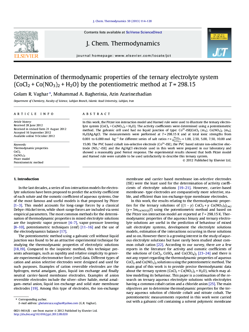 Determination of thermodynamic properties of the ternary electrolyte system {CoCl2 + Co(NO3)2 + H2O} by the potentiometric method at T = 298.15