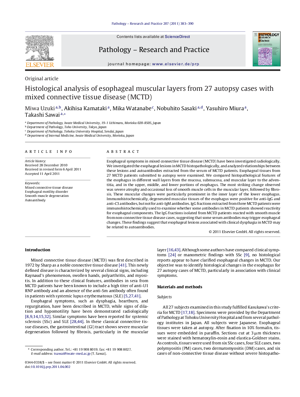 Histological analysis of esophageal muscular layers from 27 autopsy cases with mixed connective tissue disease (MCTD)