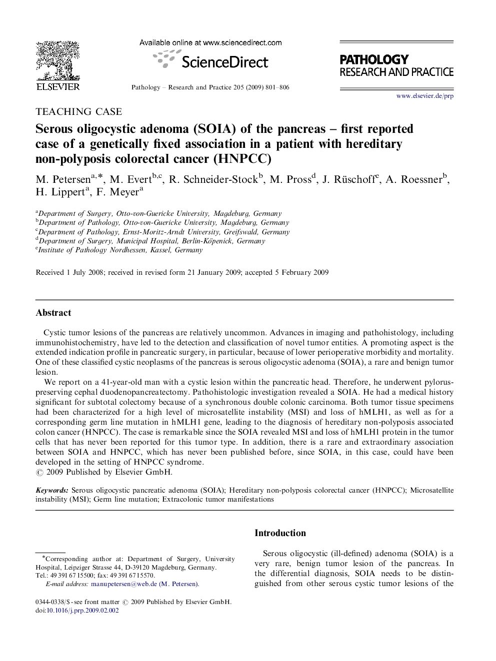 Serous oligocystic adenoma (SOIA) of the pancreas – first reported case of a genetically fixed association in a patient with hereditary non-polyposis colorectal cancer (HNPCC)