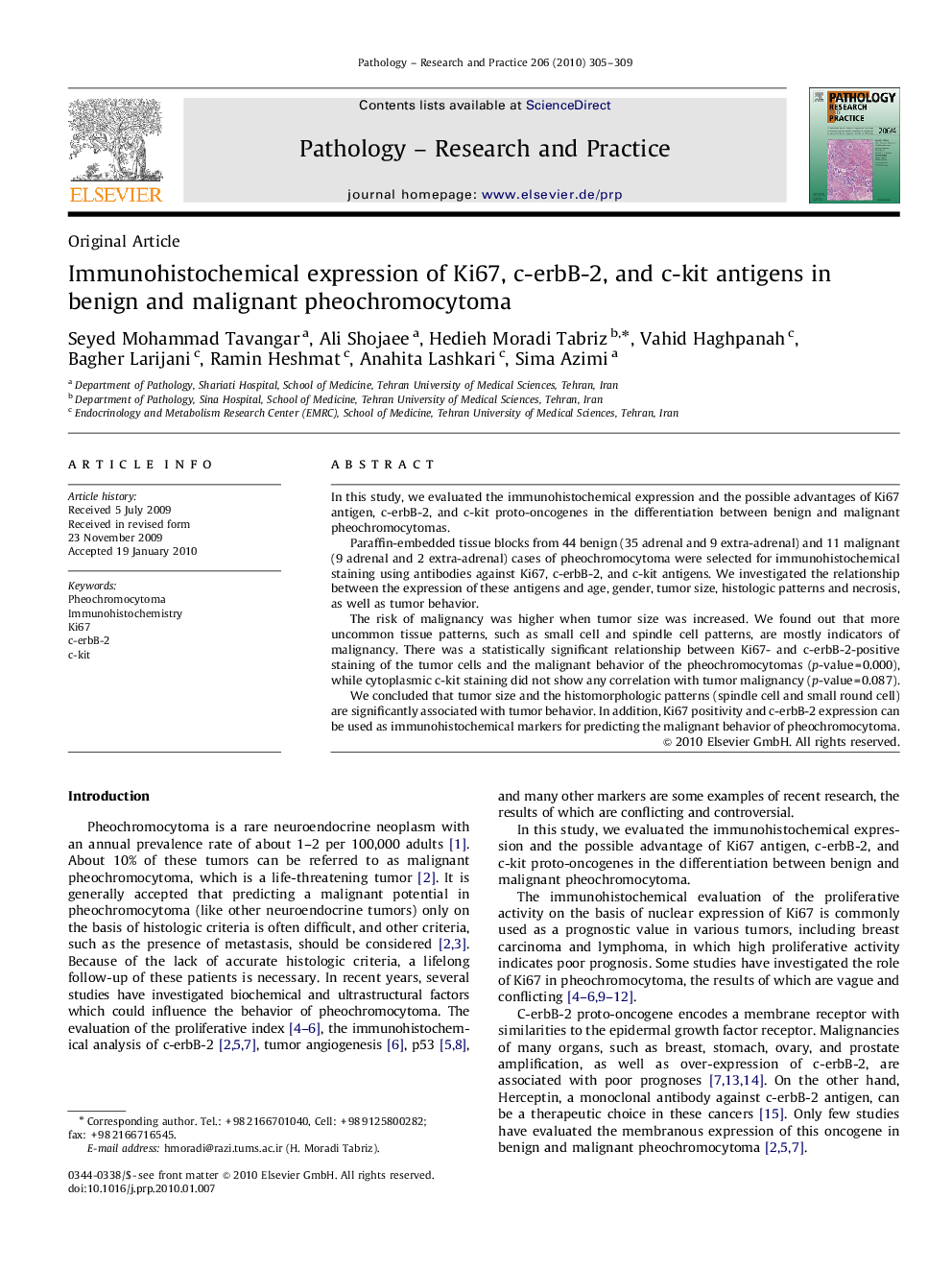 Immunohistochemical expression of Ki67, c-erbB-2, and c-kit antigens in benign and malignant pheochromocytoma