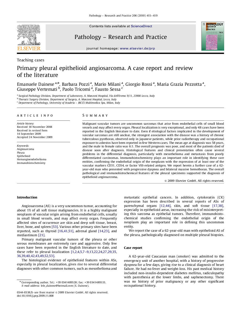 Primary pleural epithelioid angiosarcoma. A case report and review of the literature