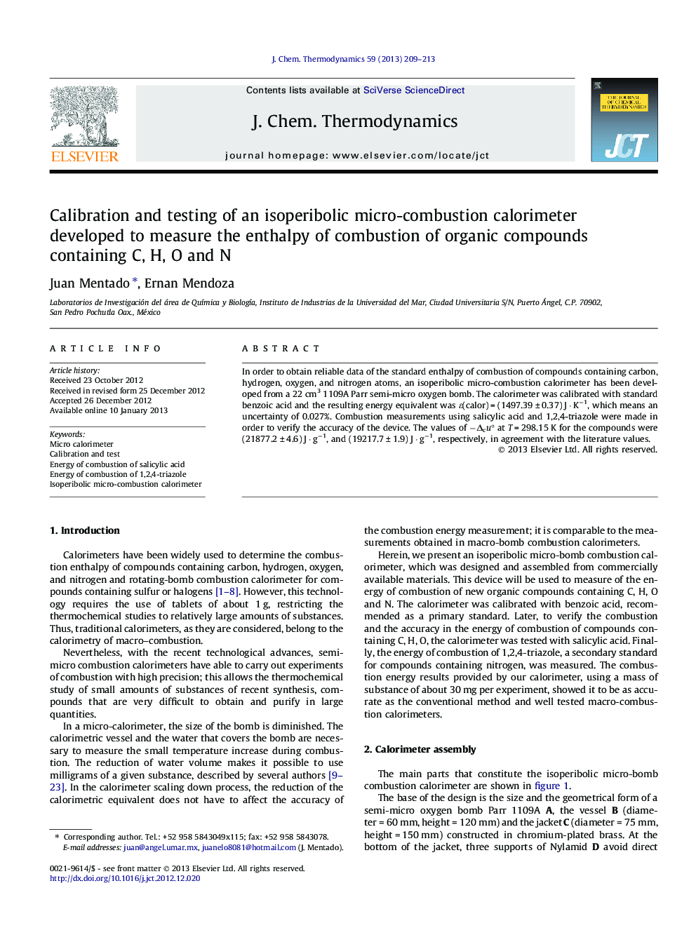 Calibration and testing of an isoperibolic micro-combustion calorimeter developed to measure the enthalpy of combustion of organic compounds containing C, H, O and N