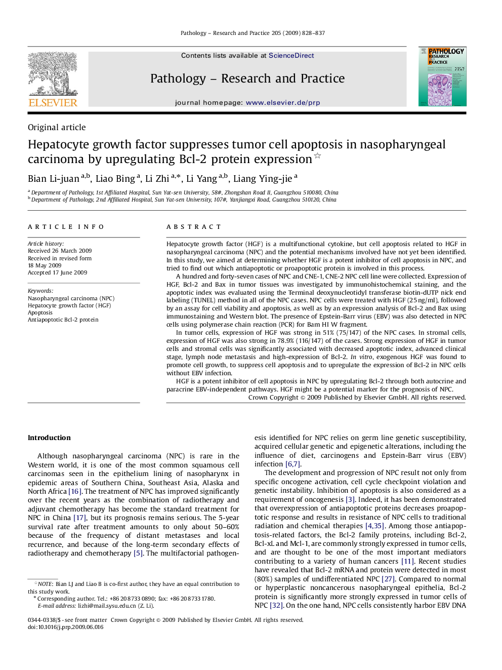 Hepatocyte growth factor suppresses tumor cell apoptosis in nasopharyngeal carcinoma by upregulating Bcl-2 protein expression