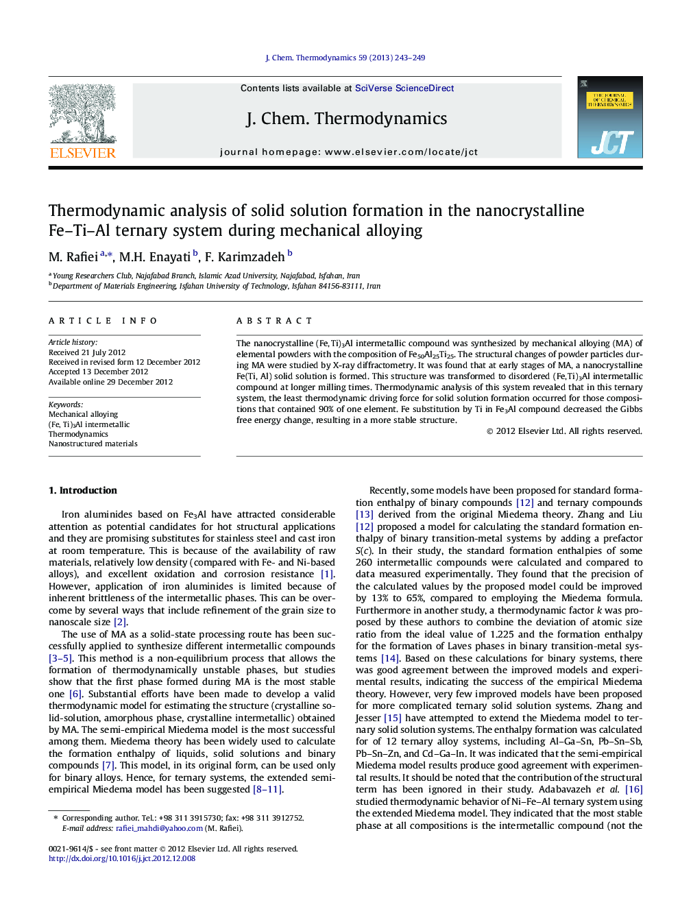 Thermodynamic analysis of solid solution formation in the nanocrystalline Fe–Ti–Al ternary system during mechanical alloying