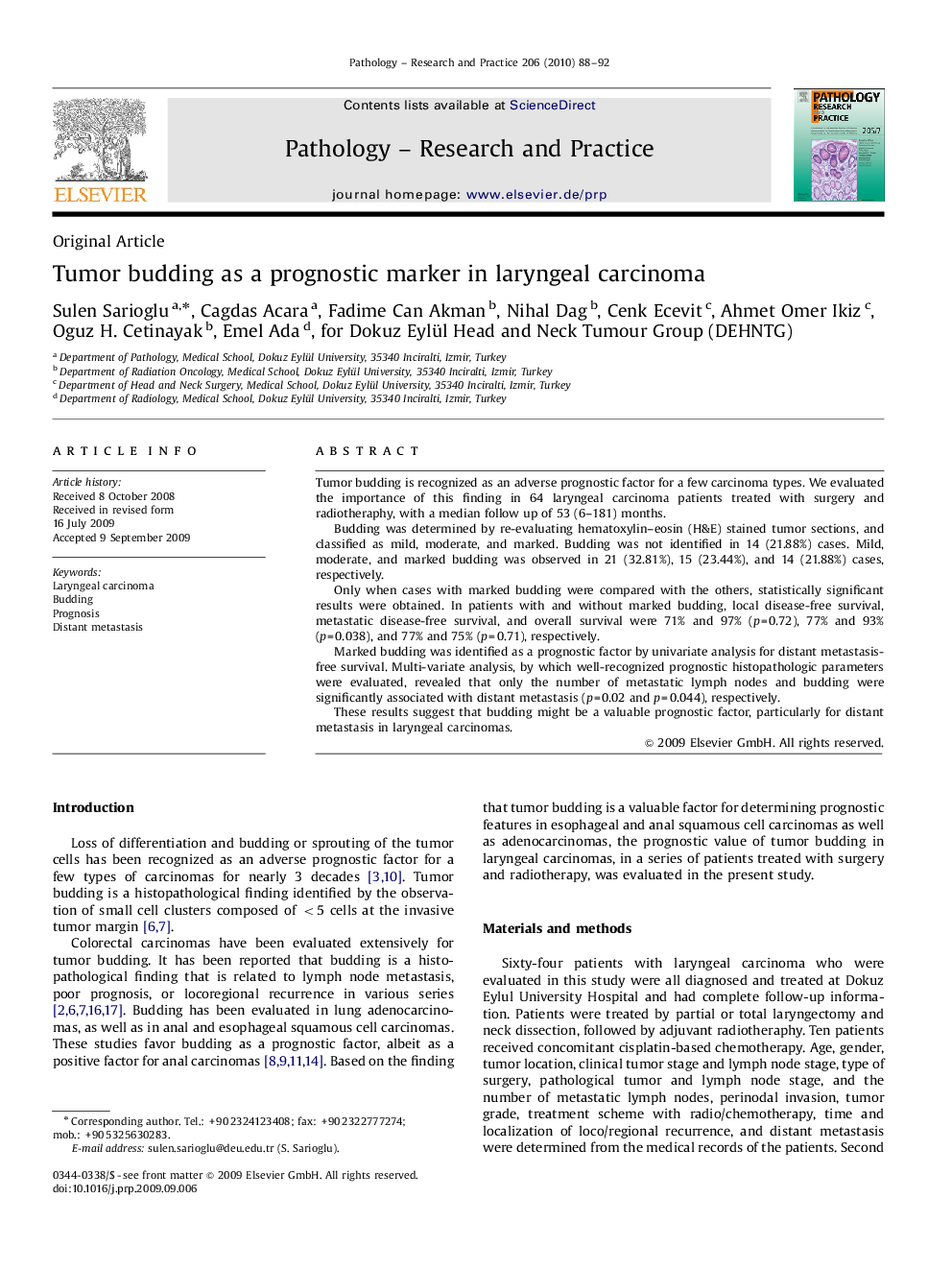 Tumor budding as a prognostic marker in laryngeal carcinoma