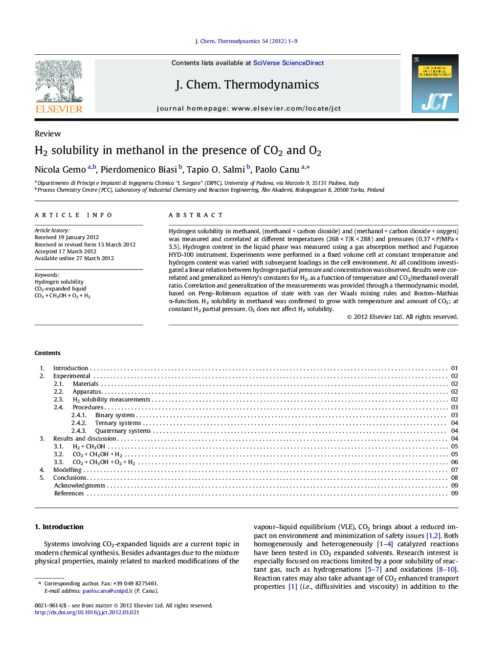 عکس صفحه اول مقاله: H2 solubility in methanol in the presence of CO2 and O2 H2 solubility in methanol in the presence of CO2 and O2