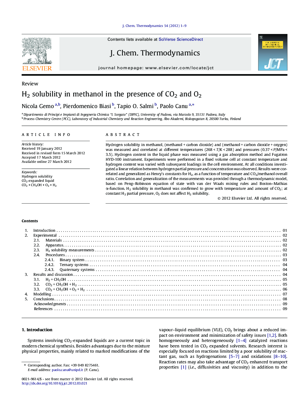 H2 solubility in methanol in the presence of CO2 and O2